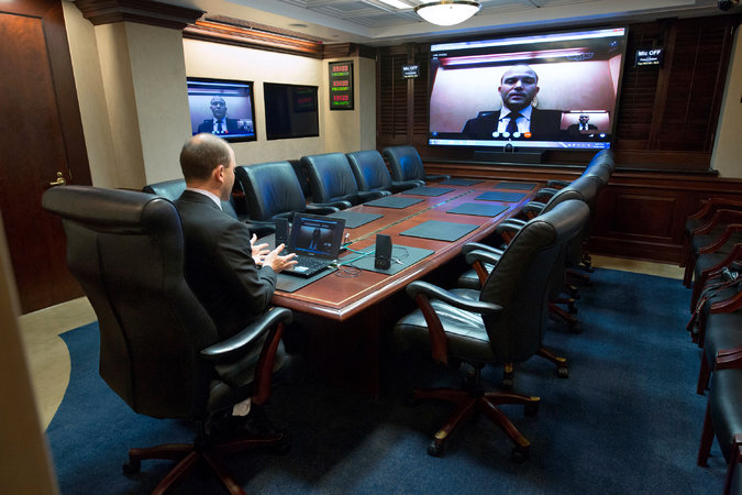 Rhodes during a video conference in the White House Situation Room. Credit Doug Mills/The New York Times